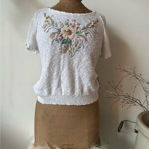 Feminine White Floral Embroidered vintage HandKnit Top